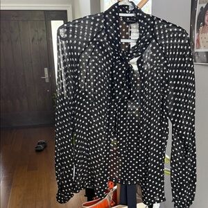 Club Monaco Black Blouse with White Polka Dots